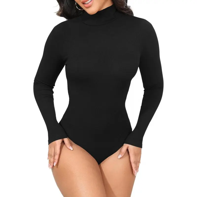Women's Bodysuit Top, Casual Long Sleeve Turtleneck Shirt in a Stretchy Ribbed Knit, Fitted Fashion for Party Wear, Tops, Jeans, Snap, Outdoor, Shorts, Stretchy Fabric, Fitted Silhouette, Basic, Cold Wash, Daily, Do Not Bleach, Figure, Hand Wash Only, Ful