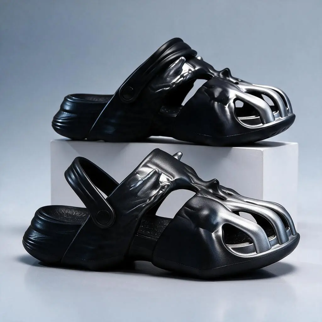 Unisex Gradient Metallic Skull Platform Clogs - Wide Fit, Flip Forward, Rotatable Heel Strap with Heel Lock, Hollow EVA Cushioned Non-Slip Gothic Streetwear Slippers