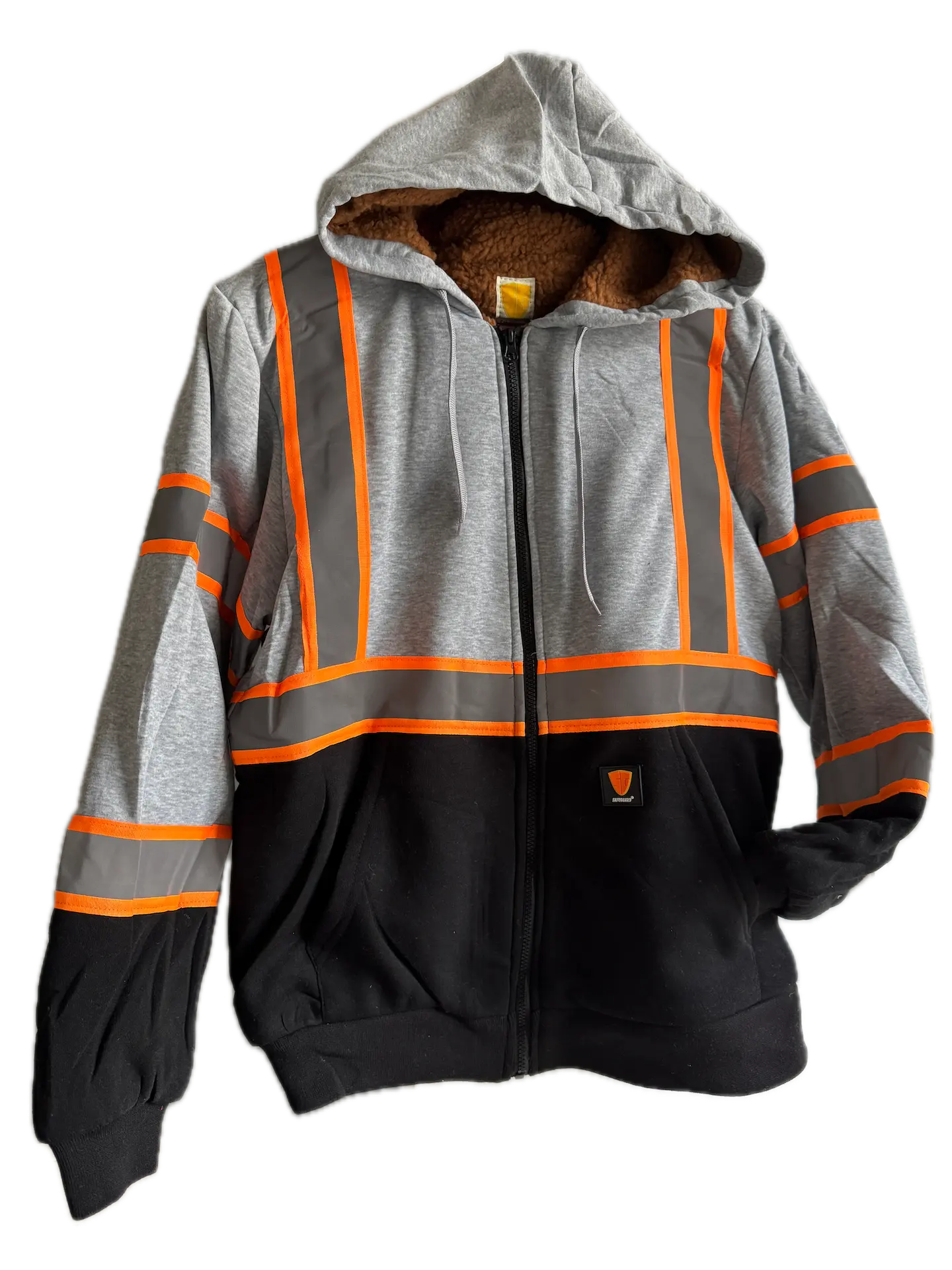 Men's Grey High Visibility Reflective WORK SAFETY ZIP UP Hoodie, Front Zipper, Reflective Stripes, Long Sleeve, Pullover Menswear Casual