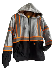 Men's Grey High Visibility Reflective WORK SAFETY ZIP UP Hoodie, Front Zipper, Reflective Stripes, Long Sleeve, Pullover Menswear Casual