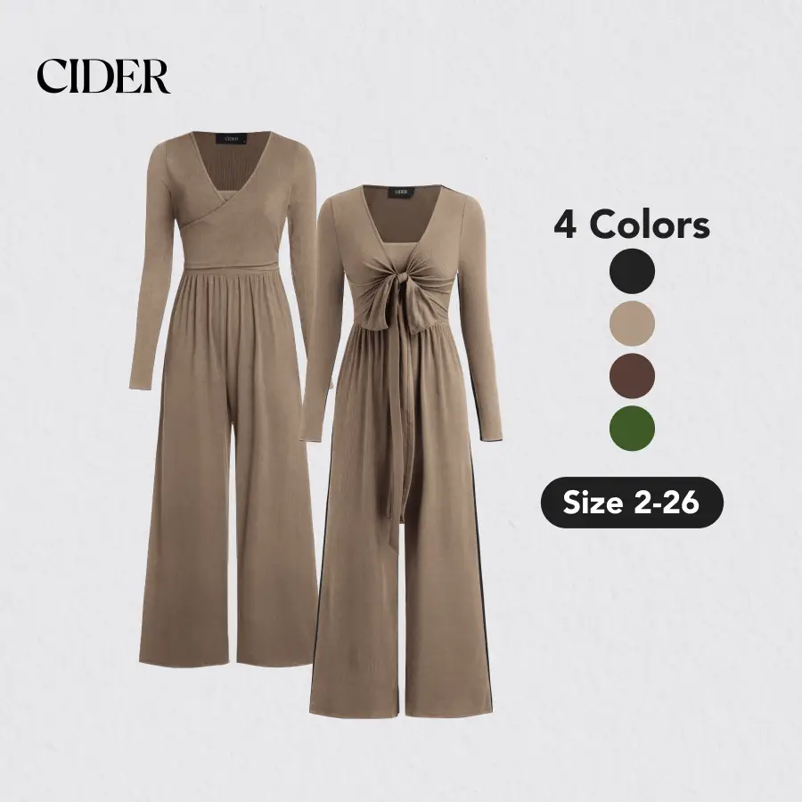 Cider [4 colors, Size 2-26]3-Way Knotted Stretchy Wide Leg Overalls, V-neck Jumpsuit for Daily Casual, Lady Casual Fashion Comfort Outfit for Spring