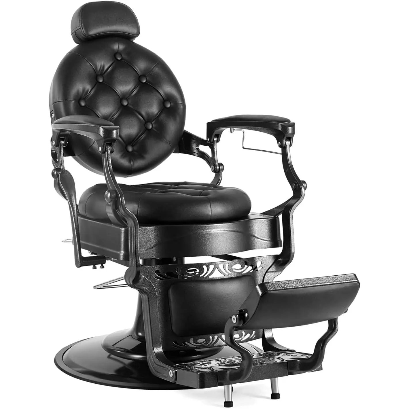 OmySalon Vintage Retro Leather Barber Chair - Hydraulic Lift, 360-Degree Swivel, Adjustable Recline, 20'' Diameter Seat, 26'' Armrest Space, Tufted Buttons, Round Base, Commercial Salon Furniture for Hair Stylists, Shipped in 2 Packages, Sturdy