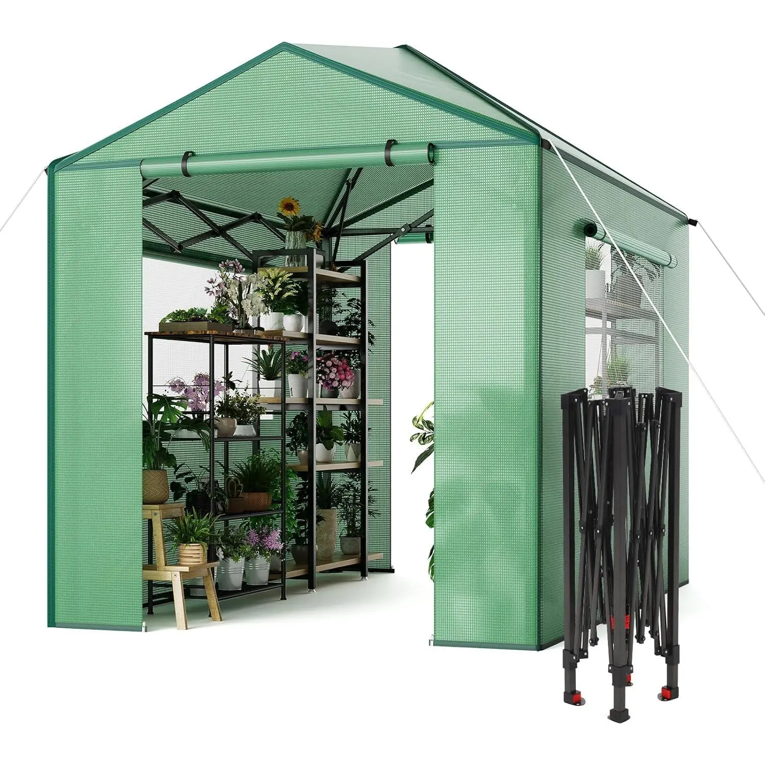 GARVEE 8x12FT Greenhouse for Outdoors with Mesh Side Windows, Portable Walk-in Greenhouse, Pop-Up Indoor Outdoor Garden Green House, Zippered Doors and Windows, PE Cover