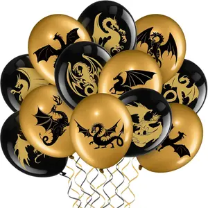 50 Pieces Dragon Theme Party Supplies, Dragon Theme Party Balloons, Black Gold Birthday Decoration Picks For Fantasy Supplies, 12 Inches