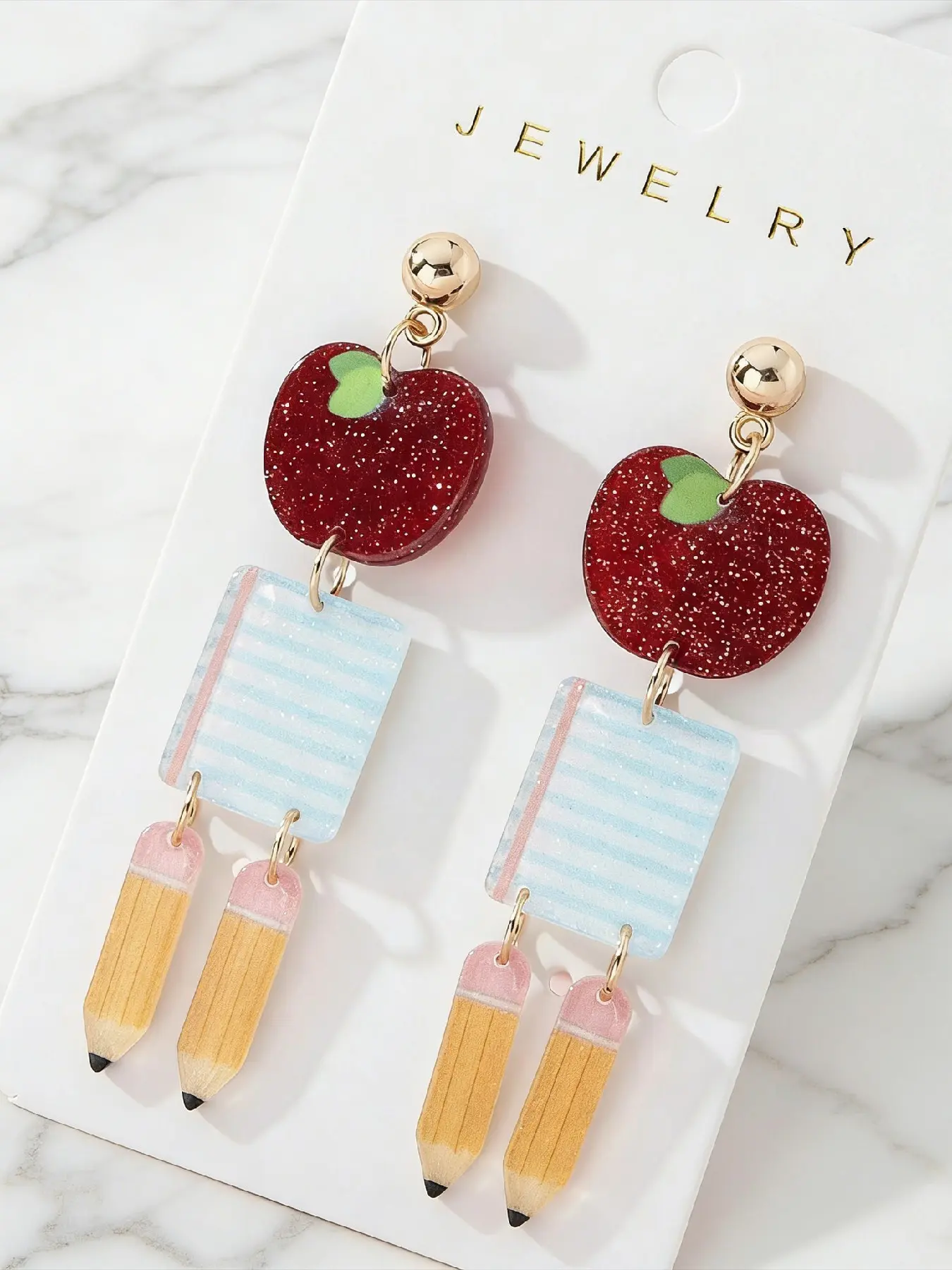 Cartoon Apple & Pencil Design Dangle Earrings (1 Pair), Cute Jewelry, Dangly Earrings, Cute Earrings for Women for Party, Daily Clothing Decor, Trendy School Graduation Student Teacher Gifts