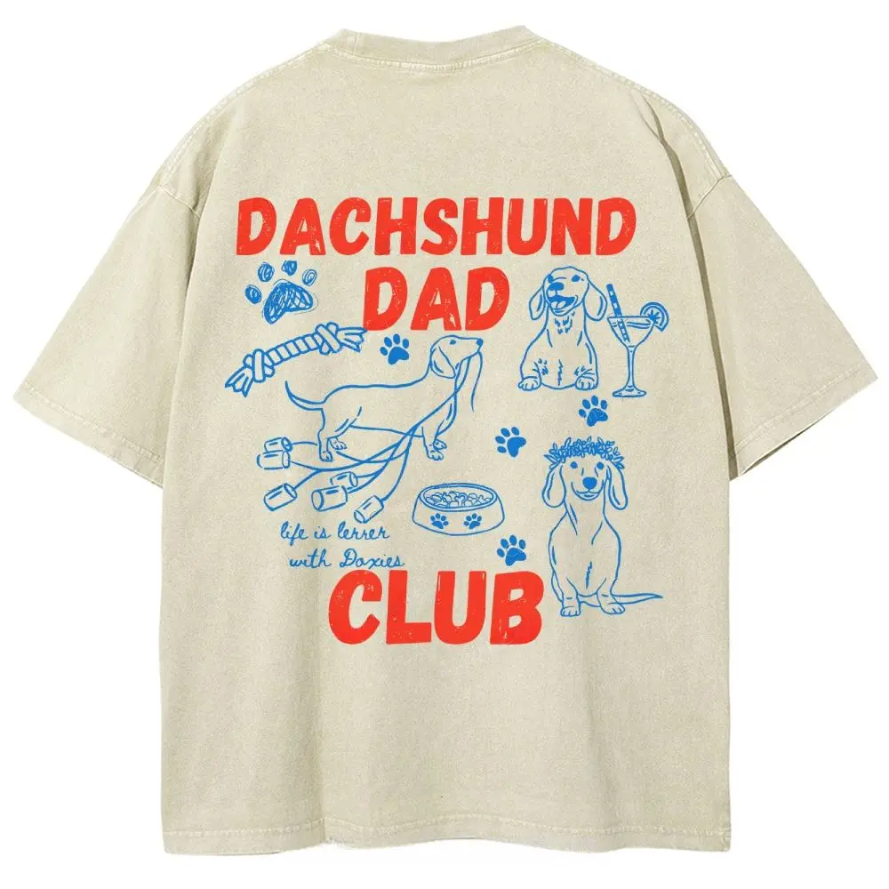 Dachshund Dad Club T-shirt, Men's Casual Cotton Comfort Shirt, Vintage CrewNeck Acid Washed Oversized Drop Shoulder Heavyweight T-shirt, Baggy Workout Tops Short Sleeve Shirt