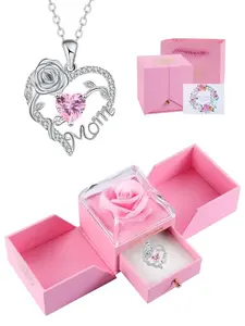 Rose Jewelry Gift Box With Heart Rose Mom Pendant Necklace, Love Heart Necklace, Necklace for Mama Grandma, Perfect for Mother's Day Gift Christmas Gift