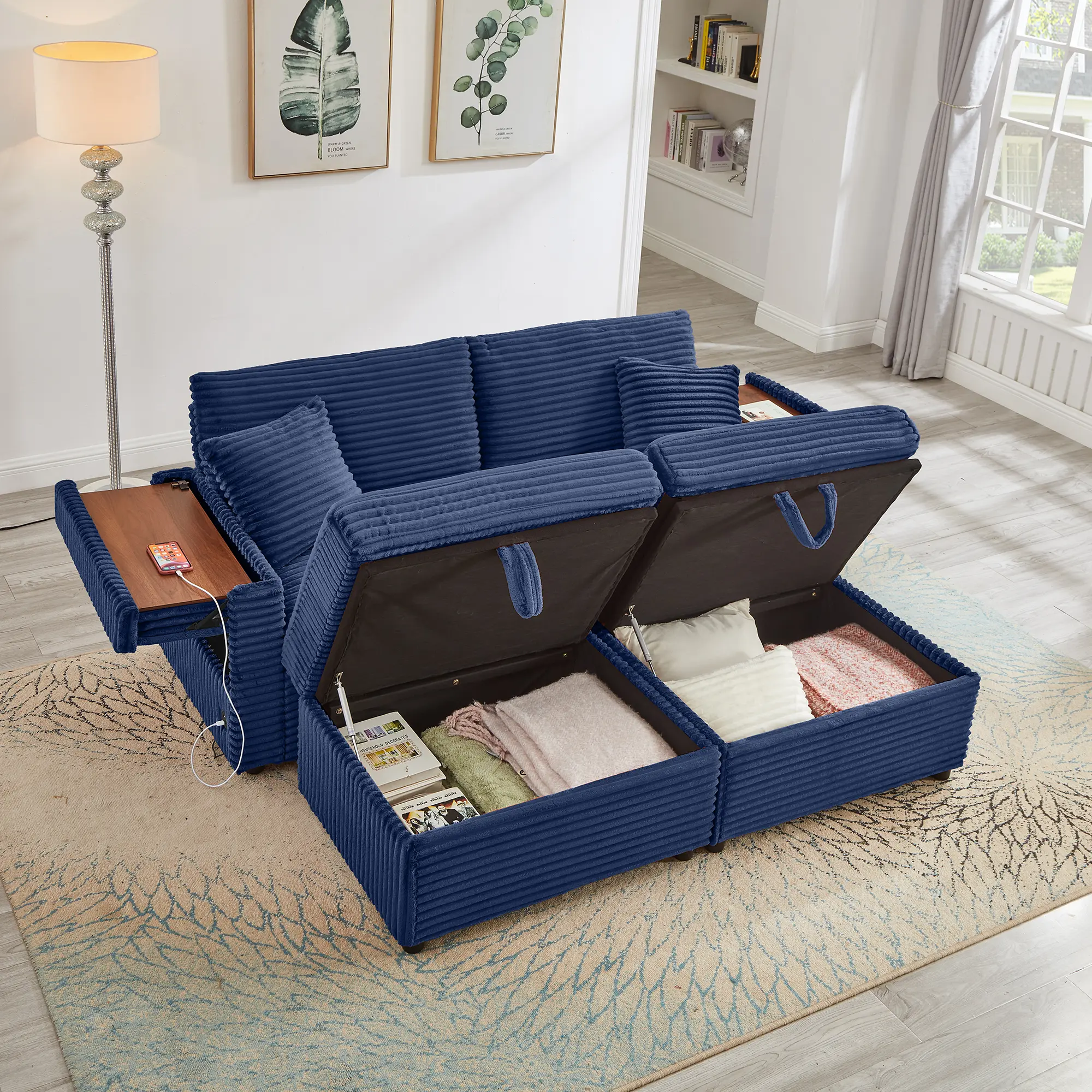 Storage Lovesaet with Ottomans, Charging Station, Foam+Spring, Upholstered Loveseat Sofa for Living Room and Apartment
