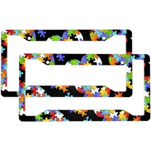 2 Sets Autism Awareness Puzzle Pieces Heart Premium License Plate Holder - Car Truck SUV Front and Rear Bracket for Enhanced Night Vision 4 Holes License Plate Frame Car Accessories