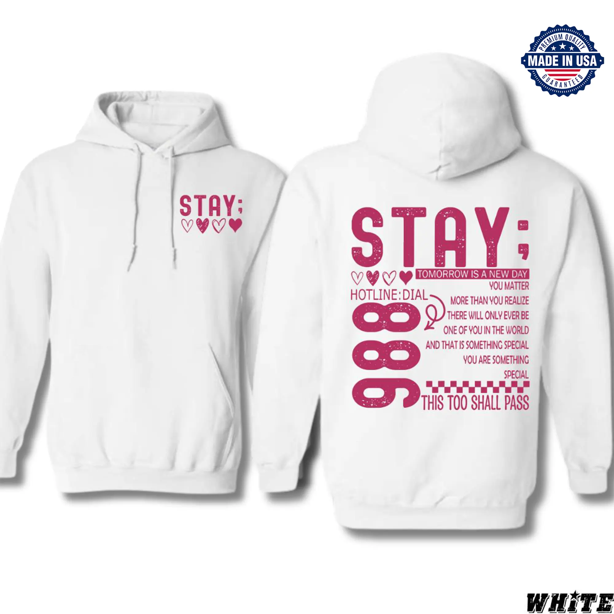 Mental Health Advocacy, STAY; 988 Suicide Prevention Hoodie – Encouraging Affirmations and Lifeline Graphic to Support, Unisex Comfort Hoodie
