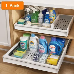 Under Sink Pull-Out Cabinet Organizer - Expandable Sliding Drawer, Heavy-Duty Water-Proof Adjustable Storage Rack with Easy Installation for Kitchen Cleaning Supplies
