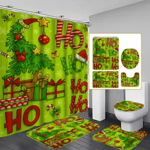 Christmas Tree Pattern Shower Curtain Set, Non-Slip Floor Mat & Toilet Lid Cover, Bathroom Decoration, Bathroom Decoration Accessories, Includes Hooks, Design