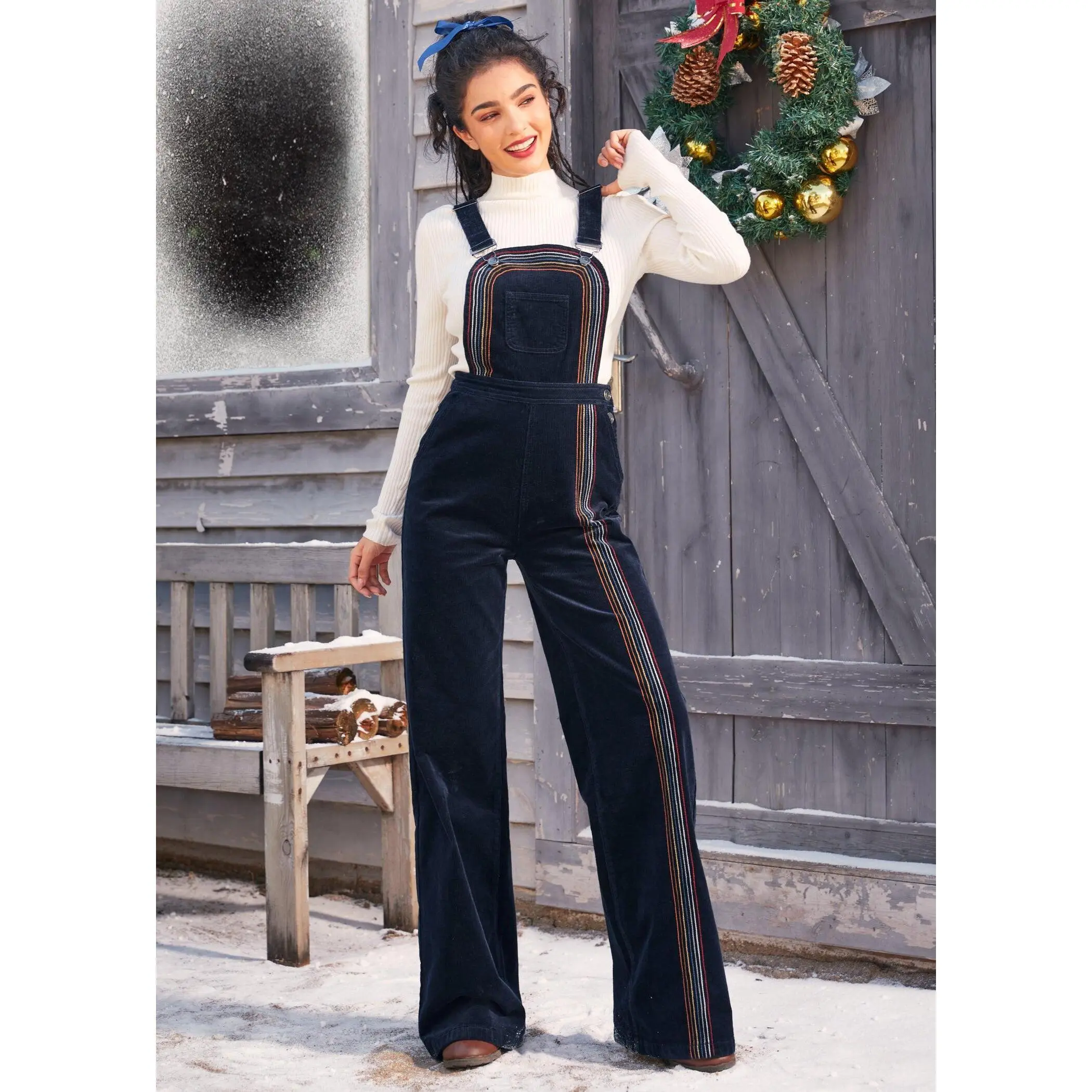 ModCloth Rainbow With Me Corduroy Overalls with Wide Legs, Pockets, Embroidery - Navy Blue (2-26W) ModCloth Rainbow With Me Corduroy Overalls with Wide Legs, Pockets, Embroidery - Navy Blue (2-26W)