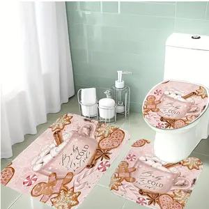 3-Piece Sweet Winter Gingerbread Pattern Bathroom Mat Set, Soft Flannel Material, Non-Slip Toilet Cover Pad & U-Shaped Mat, Holiday Decoration, Bathroom Rug Set