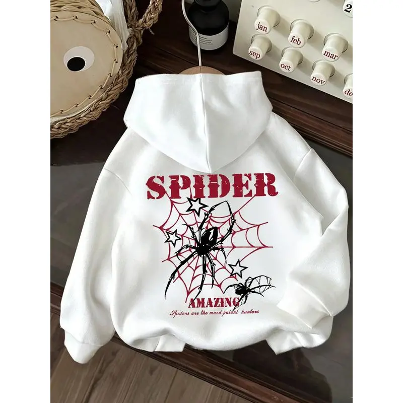 Spider Print Hooded Drawstring Sweatshirt, Unique Halloween Top, Comfortable & Stylish, Easy to Pair, Must-Have Closet Addition, Soft Knit Fabric Loose Fit Womenswear