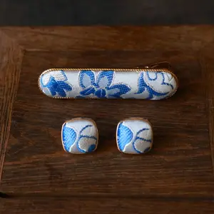 Embroidtale Hand Weaved Silk Hair Clip and Matching Ear Studs With Floral Design in Elegant Blue and White Patterns