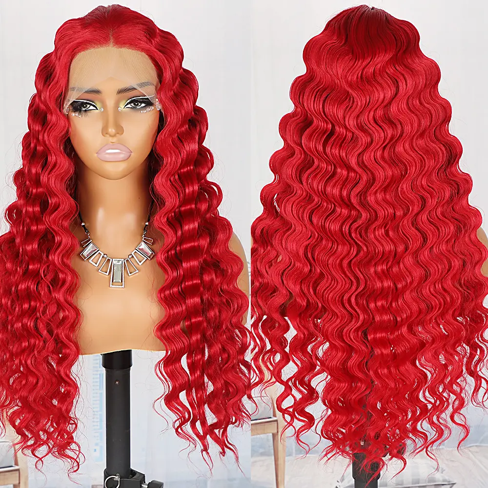 Bright Red Curly Lace Front Wig for Women, 26 Inch Long Deep Wave Glueless Wig, Heat Resistant Premium Synthetic Hair with a Pre-Plucked 13x4 HD Lace, Glueless Lace Wigs