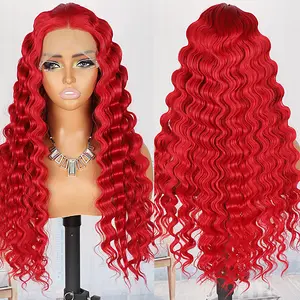 QD-Tizer Red Color Long Deep Wave Curly Hair Wigs for Women 13x4 HD Synthetic Lace Front Wigs Pre Plucked Heat Resistant Fiber Hair