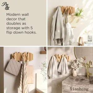 Wooden Coat Rack 1 Count Wall Mounted with 5 Flip down Unique Hooks for Coats Bags Hats Umbrella Organizer Decor Khaki Y2K Unique Funky Household Items Love This Rack