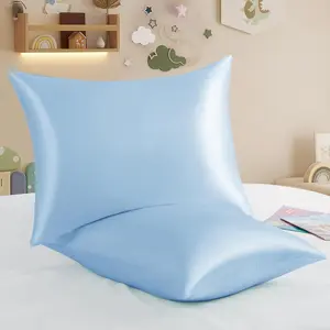 2 Pack Zippered Satin  Pillowcases 13x18 Inch - Silky Soft  Pillow Cases with  Zipper, Travel Pillow Covers for Boys & Girls, Light Blue