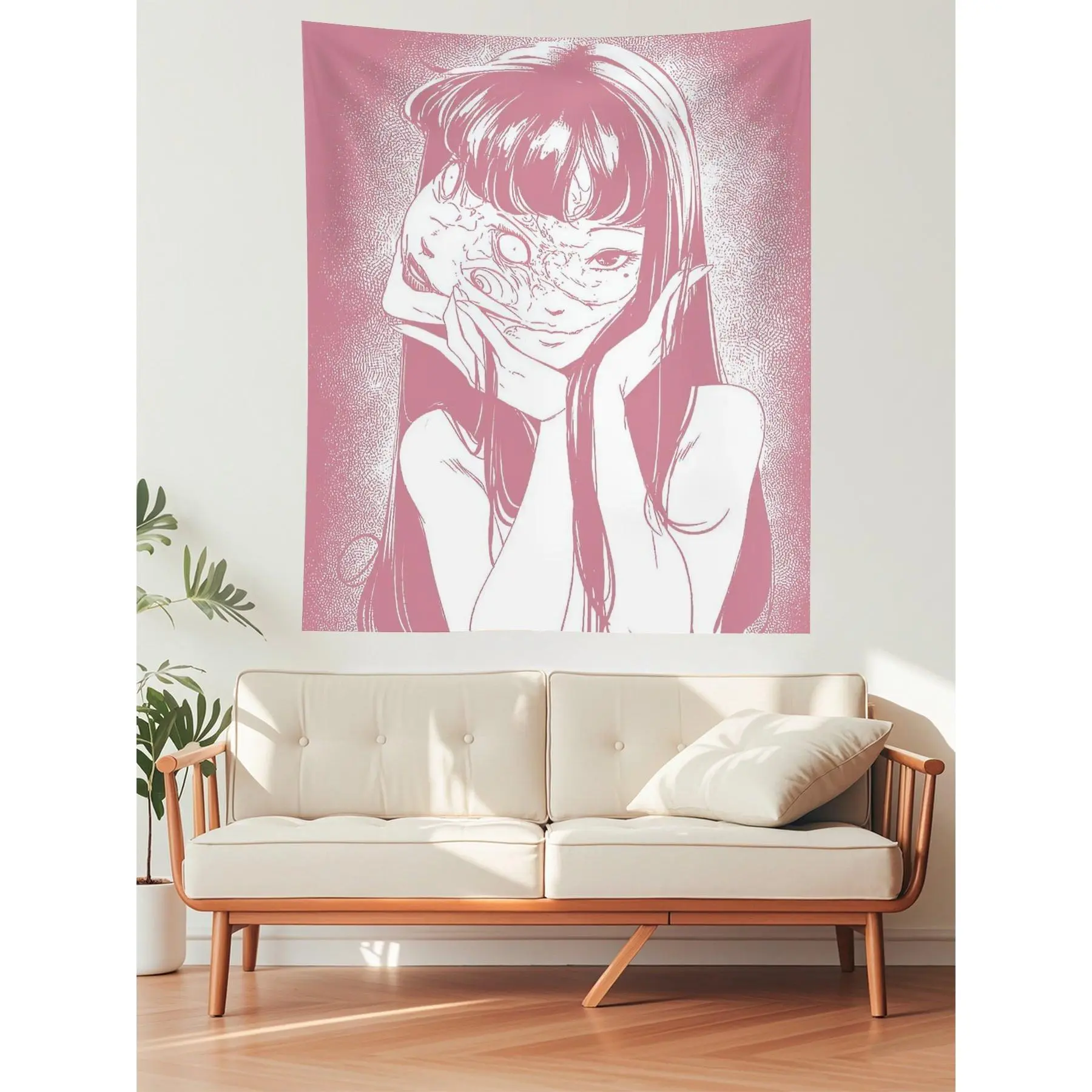 Pink Gothic Anime Girl Wall Tapestry, Dark Cute Manga Style Poster, Aesthetic Bedroom Decor, Japanese Anime Wall Hanging
