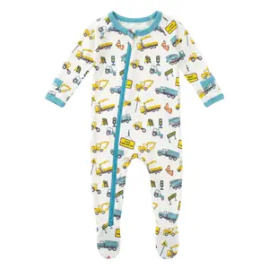 BESTAROO Busy Builders Footie Pajamas Baby Bamboo Sleeper 93% Bamboo 7% Spandex, Dual Zipper, Fold-Over Mittens (NB/0-3M), Snug Fit, NB-24M