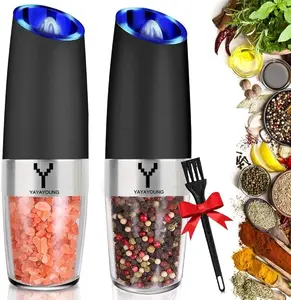 Gravity Electric Grinder set of 2,Automatic Pepper and Salt Mill Grinder with Blue LED LIGHT,Electric Pepper Mill with Adjustable Coarseness,Refillable,salt and pepper shaker,pepper grinder