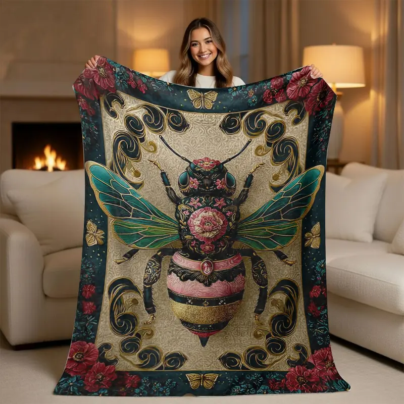 Vintage Floral Bee Throw Blanket - Cozy Flower, Boho, Botanical, Colorful Afghan Blanket for Bedroom, Living Room, Artistic Home Decor, Flower Blankets, Boho Blankets