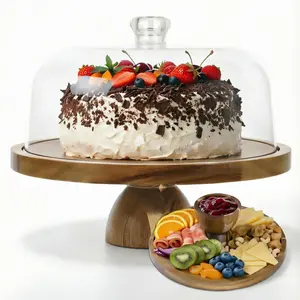 Wood Cake Stand with Lid, 12in Cake Stand with Acrylic Dome, 2-In-1 Cake Display Stand for Charcuterie Board, Chips & Dips, Fruit Platter, Wedding, Birthday, Parties