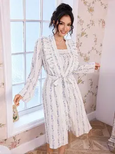 Romantic Floral Lace Trim Sleepwear Set, Elegant Two-Piece Nightgown & Robe Combo, Comfortable Cotton Blend Fabric