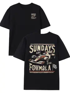 F1 Racing Print Vintage Cotton Short Sleeve T-Shirt, Casual Fitted Graphic Tee, Home Wear, Daily, Loose Comfortable Fit