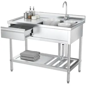Stainless Steel Utility Sink, Free Standing Single Bowl Commercial Kitchen Sink w/Workbench & Storage Shelf, w/Hot & Cold Water Pipes & Faucet for Laundry Room, Farmhouse, Indoor/Outdoor