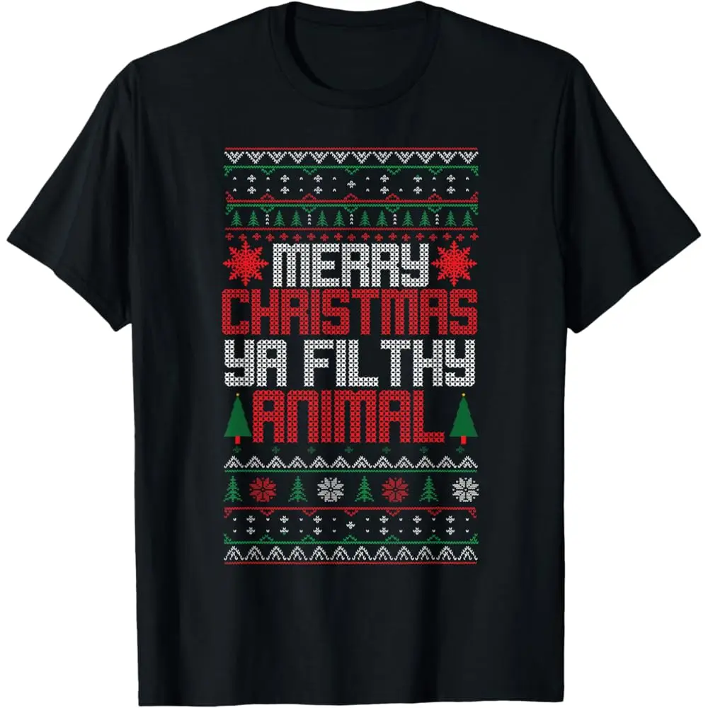 Unisex Graphic T-Shirt with 'Merry Christmas Ya Filthy Animal' Print - Casual Short Sleeve 100% Cotton Holiday Top, Shortsleeve, Printed, Funny, Unisex Sizing Simplifies The Choice, Fabric, Streetwear, Classic, Flat, Crew Neck