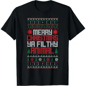 Merry Christmas Ya Filthy Animal Meme LOL Ugly Sweater Tee Shirt - Unisex Adult Graphic T-Shirt Made in USA