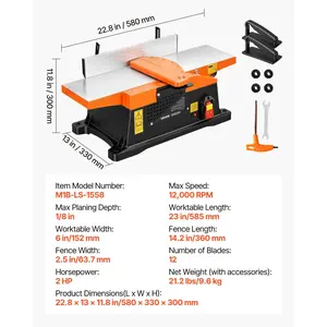 VEVOR Spiral Benchtop Jointer, 6 in, 2 HP 12000 RPM Bench Top Wood Jointer, with 12-Blade Spiral Cutterhead, Up to 1/8 in Depth, Adjustable Fence, 6x 23 in Cast Aluminum Table, for Woodworking DIY