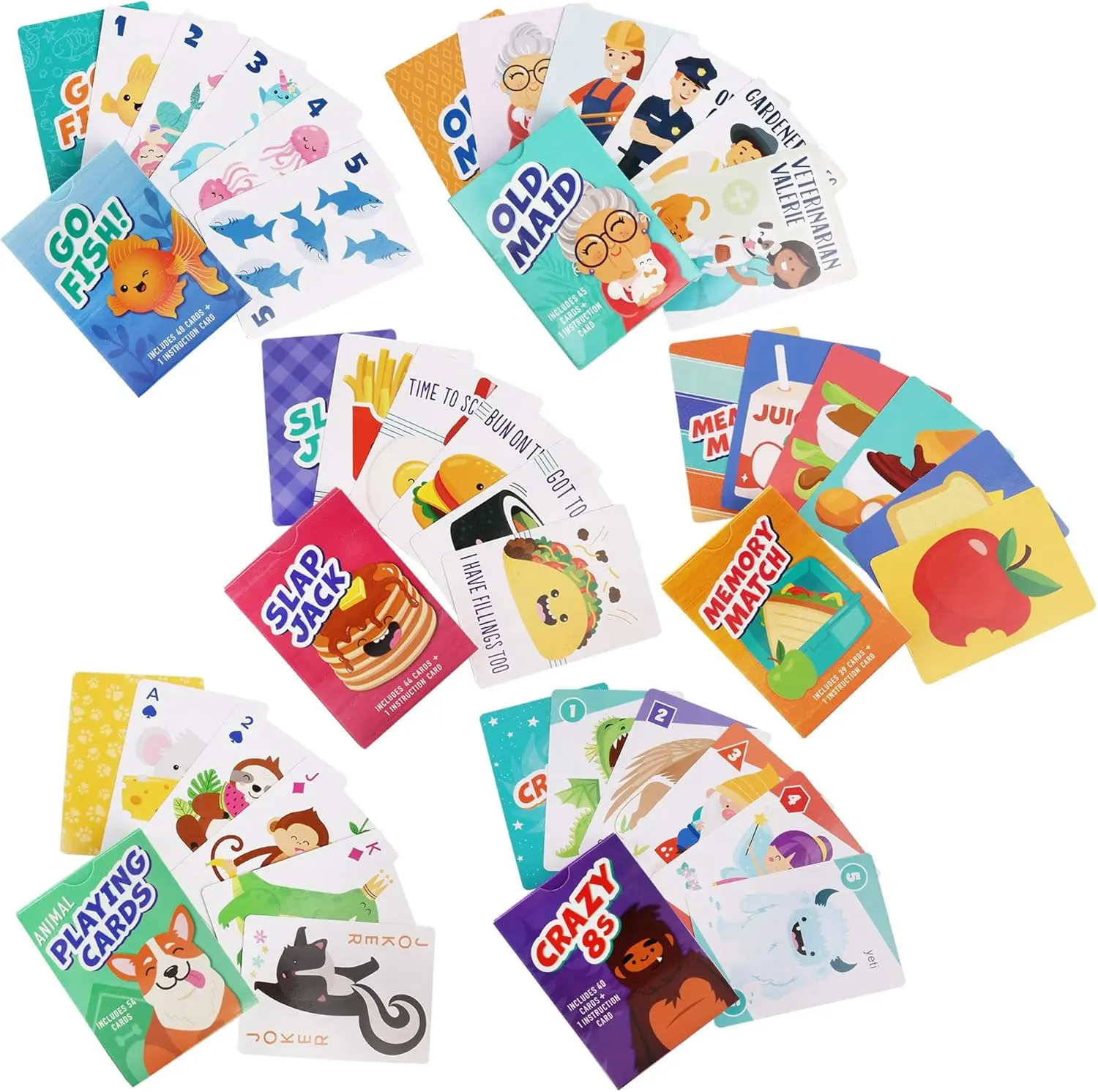 Card Games for Kids, 6 Decks, Go Fish, Old Maid, Crazy Eights, Memory Match, Slap Jack, Animal Playing Cards, Easter Basket Stuffers, Stocking Stuffers, Birthday Gifts