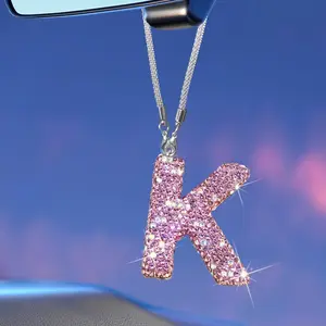 Bling Pink Car Accessories for Women Letter Charm, Rainbow Color Rear View Mirror Cute Crystal Pendant Car Decorations, Lucky Gifts Girly Diamond Rhinestone Charm Letter K