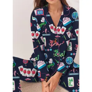 Chinoiserie Mahjong Satin Pajama Set for Women Luxury Soft Sleepwear Lounge Set, Womens Chinoiserie Mahjong Pajama Set Satin Button Up Sleepwear Loungewear