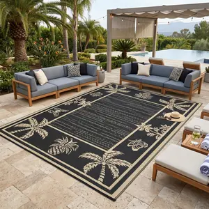 Outdoor Rug  Waterproof for Patios, Reversible Plastic Straw Rug, Tropical Leaf Indoor Outdoor Rugs, Large Area Rug for RV, Camping, Deck, Picnic Mat, Outside Carpet,BLACK