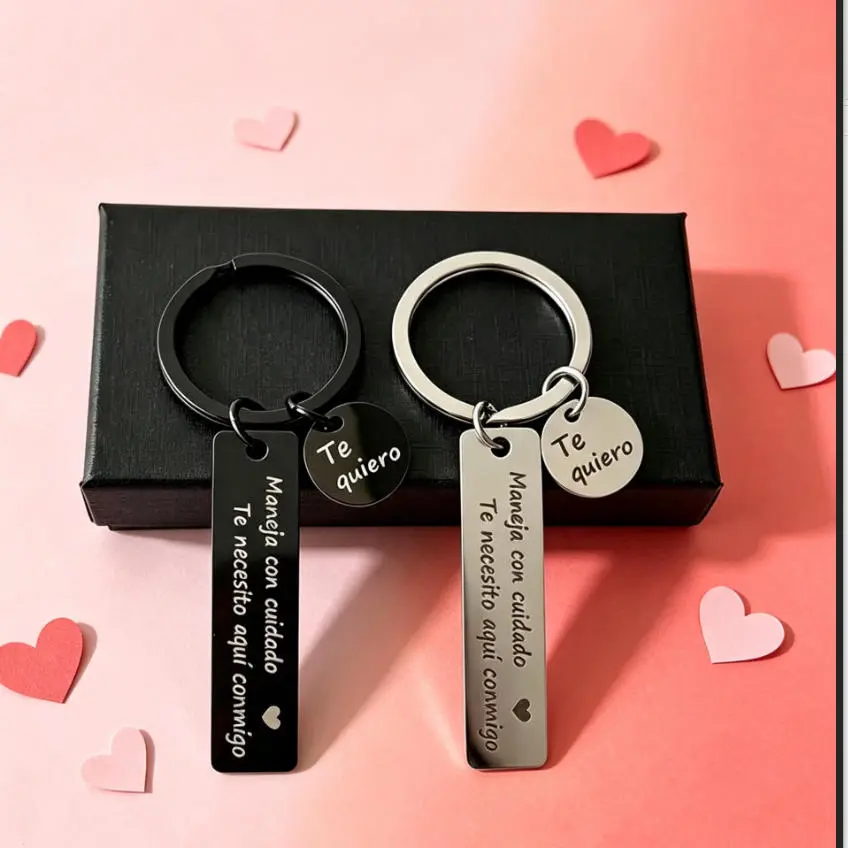 2PCS “Drive Safe” keychains for husband, Spanish “I Love You” keyring set, black/silver double-sided, anniversary birthday gift