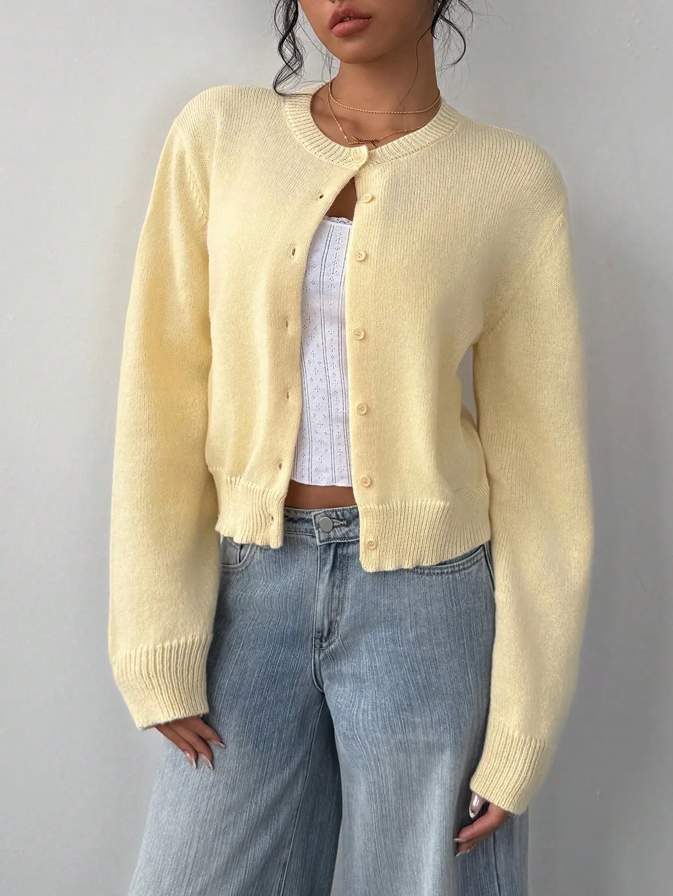 Women's Pale Yellow Cropped Cardigan | Round Neck Long Sleeve Loose Knit Sweater | Fall Back To School Teacher Casual Office Everyday Layering Minimalist Basic Top for Women Womenswear
