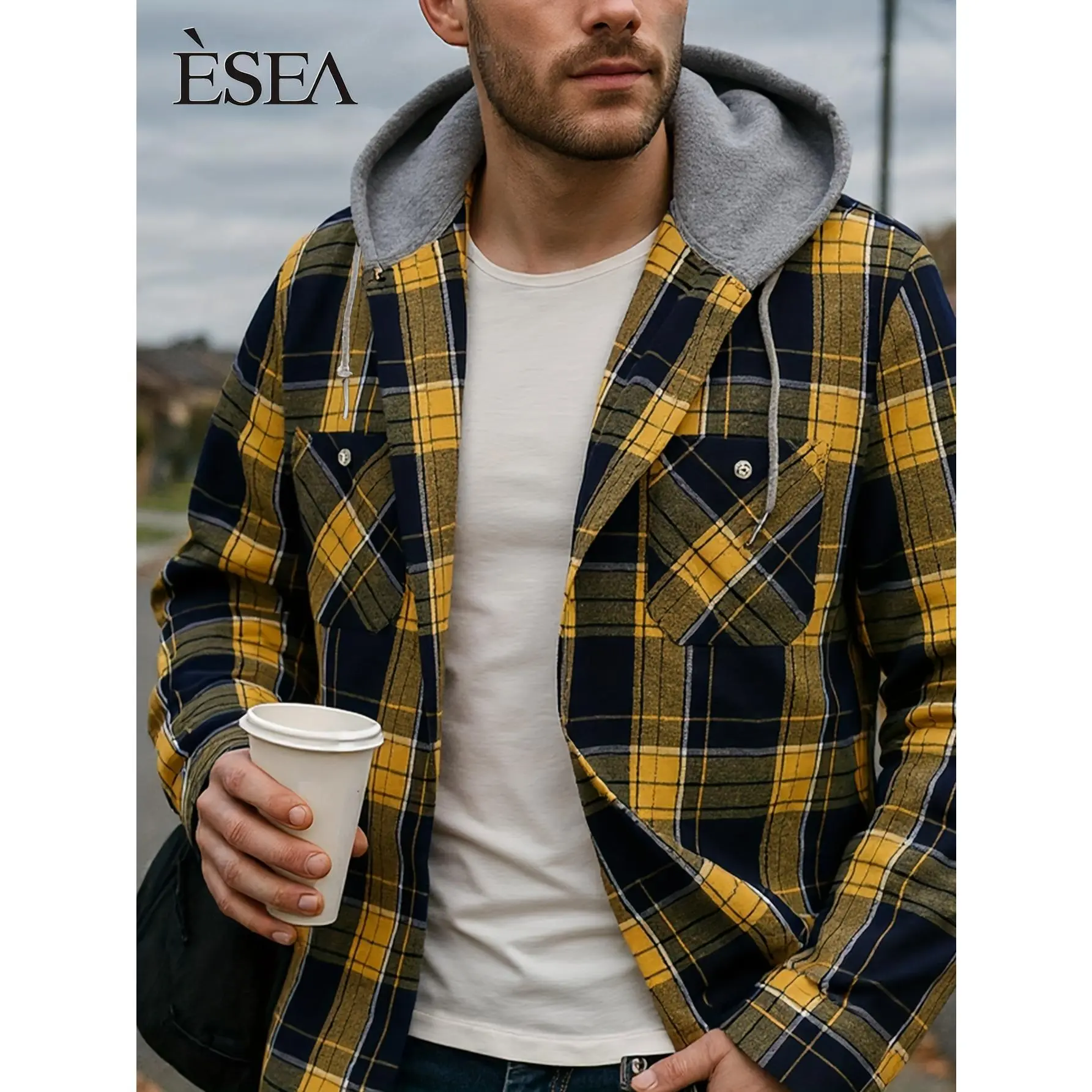 Unisex Flannel Hooded Plaid Shirt Jacket - 30% Cotton 70% Polyester Blend, Vintage 90s Retro Streetwear, Lightweight Soft Lumberjack Style with Adjustable Drawstring Hood & Single-Breasted Button Front, Vibrant Orange/Black/White Plaid for Spring/Fall,