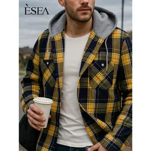 Unisex Flannel Hooded Plaid Shirt Jacket - 30% Cotton 70% Polyester Blend, Vintage 90s Retro Streetwear, Lightweight Soft Lumberjack Style with Adjustable Drawstring Hood & Single-Breasted Button Front, Vibrant Orange/Black/White Plaid for Spring/Fall,