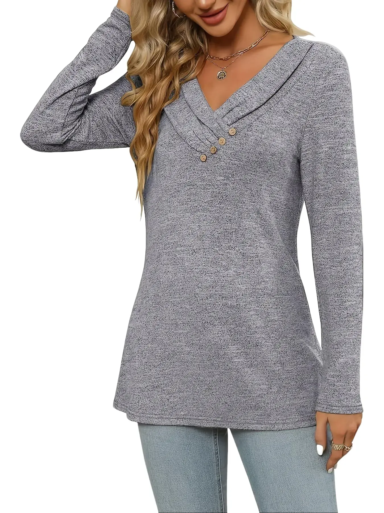 Renaishow Women's Basic Tunic Top for Leggings, Casual Long Sleeve V-Neck Blouse in Soft Fabric for Everyday Wear, Longsleeves, Fitted, Valentines Day, Foldable