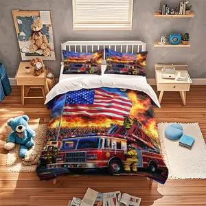 3pcs Firefighter Theme Printed Quilt Set, Soft Polyester Fabric, Zipper Design, Modern Style Bedding Essentials, Decorative Bedding Set