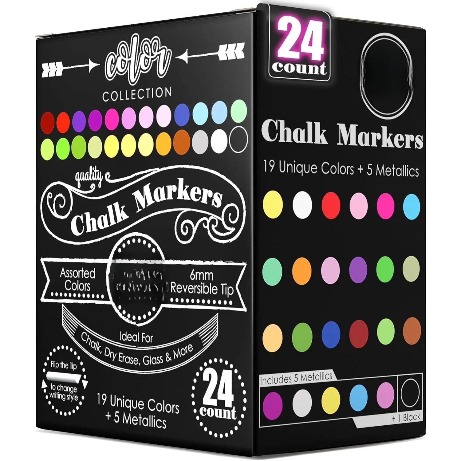 24-Pack Dust-Free Erasable Color Marker Set - 6mm Reversible Bullet & Chisel Tip Classroom Supplies for Windows, Glass, Chalkboard, Kids