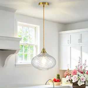 10.63in Pendant Light Twisted Ribbed Glass,  Onion Shaped Pendant Farmhouse Ambient Light for Kitchen Island(1PACK)