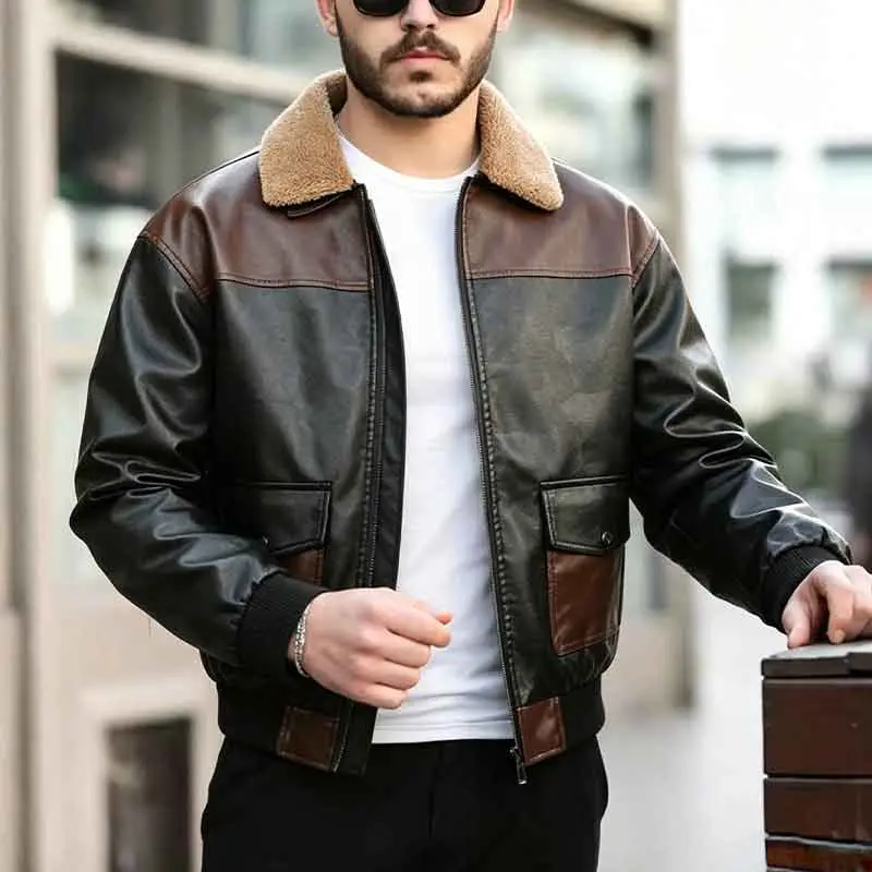 Men's Retro Color Block Flight Bomber Jacket in Smooth Faux Leather with a Sherpa Fleece Lapel and Quilted Lining for Casual Winter Wear, Tops, Vintage, Zipper, Zip-Up, None, Padded heater