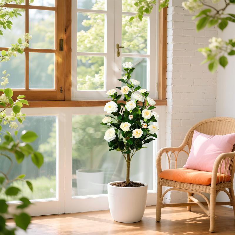 SHareconn 2-Pack 3/4FT Artificial Camellia Trees with Blooming Flowers, Lifelike Faux Plants for Indoor Outdoor Home Porch Decor, No Maintenance Needed