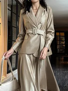 Champagne Suit Skirt Set, Luxurious Commuter Lady Style, Double-Breasted Waist Cinching Jacket, High-End Office Wear